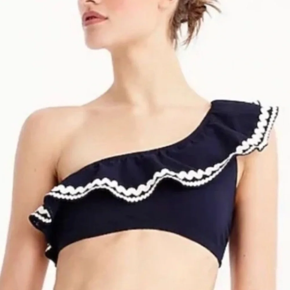 J.Crew Blue One Shoulder Ruffle Swimsuit Top Women Size Medium NEW